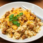 Quick easy cheesy beef rice skillet recipe.