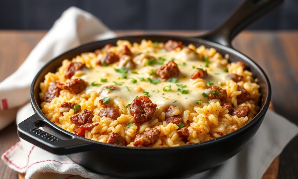 Quick easy cheesy beef and rice skillet recipe.