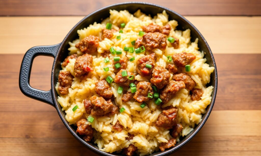 Quick easy cheesy beef and rice skillet, fast weeknight dinner.