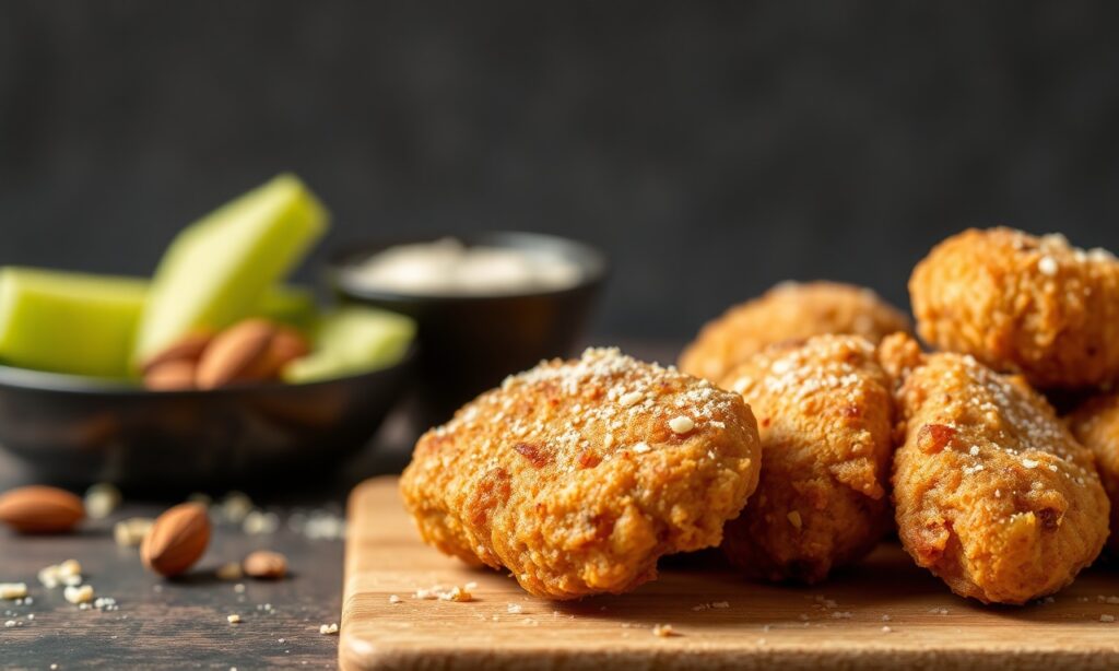 Healthy almond flour chicken nuggets, golden and crispy.