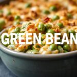 Delicious green bean casserole with crispy onion crunch topping.