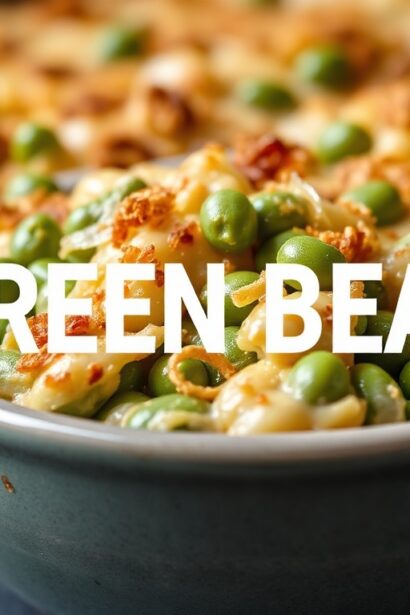 Delicious green bean casserole with crispy onion crunch topping.