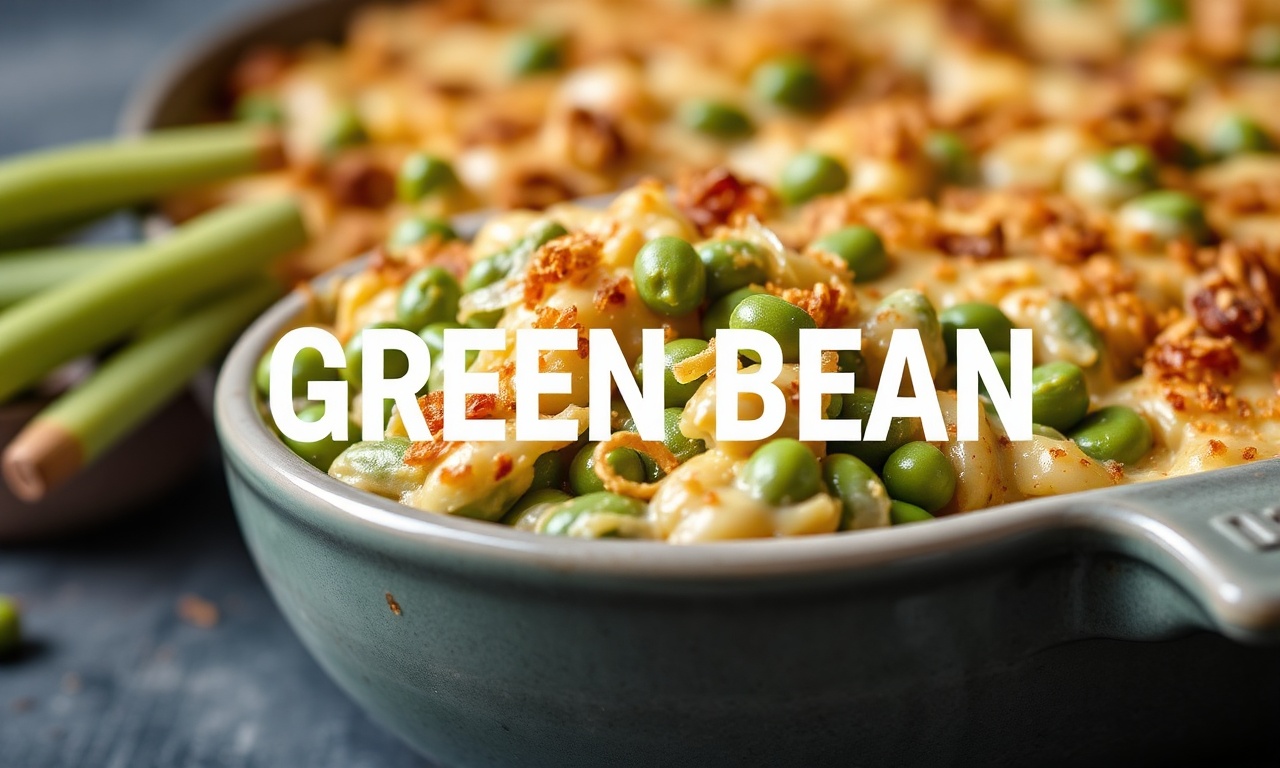 Delicious green bean casserole with crispy onion crunch topping.
