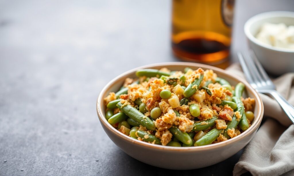 Delicious green bean casserole with crispy onion crunch.