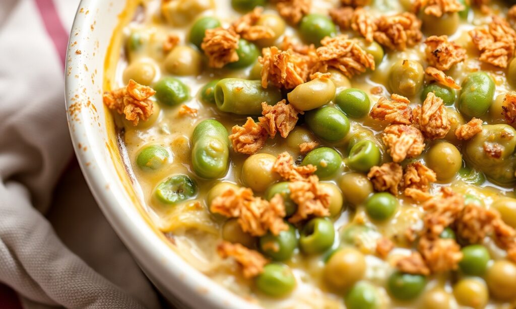 Delicious green bean casserole with crispy onion topping.