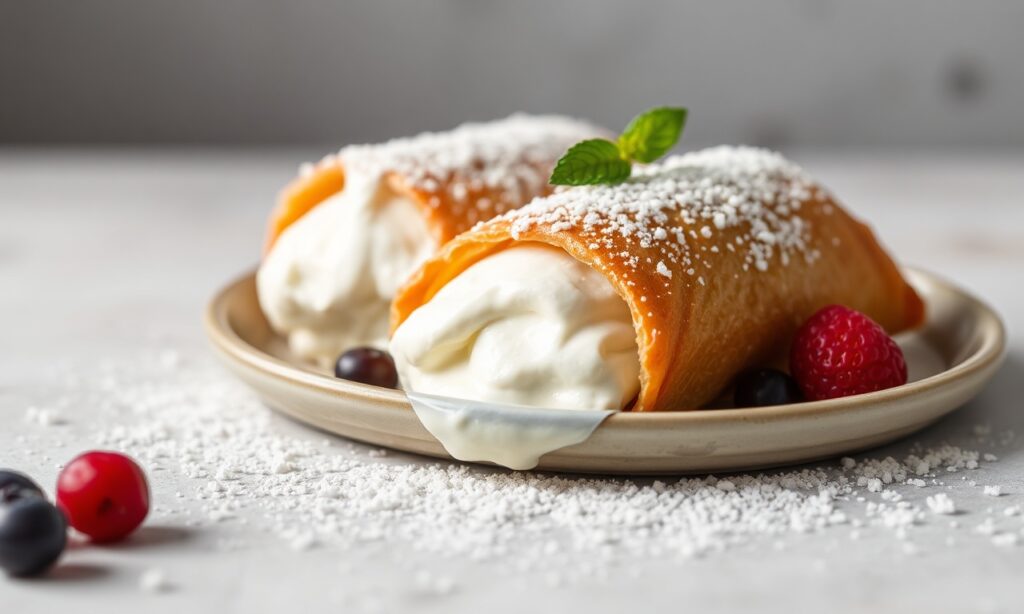 Creamy mascarpone cannoli filling and crispy shell delight.