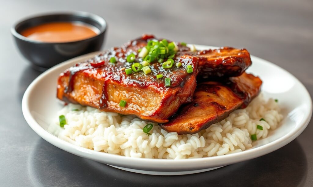 Best authentic kalbi: Korean marinated short ribs sizzling on grill.