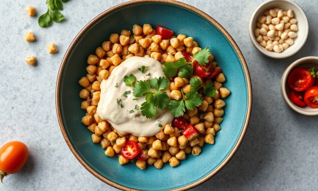 Delicious chickpea shawarma bowl with creamy tahini.