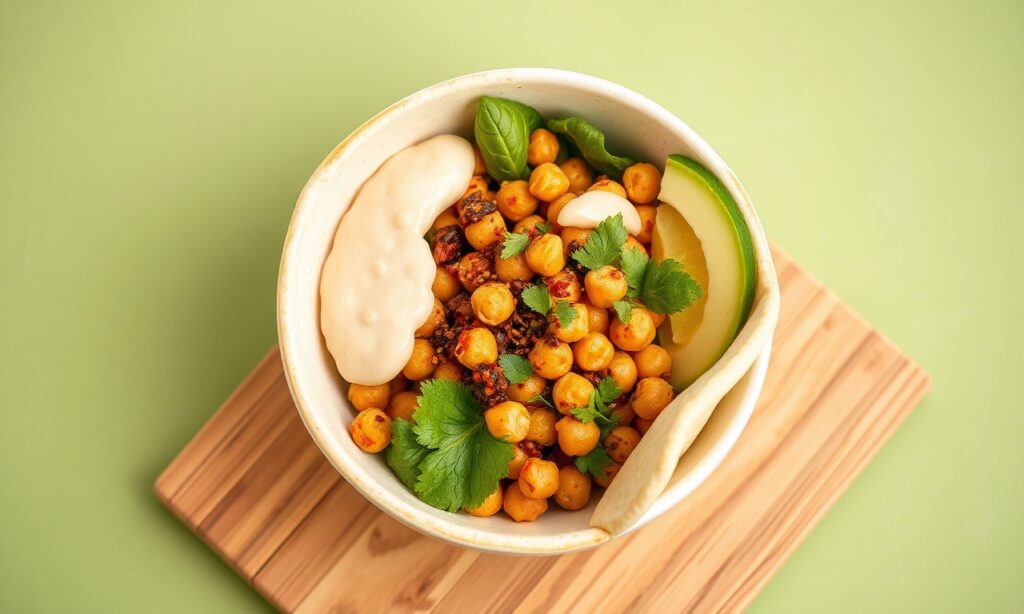 Delicious chickpea shawarma bowl with creamy tahini and vibrant flavors.