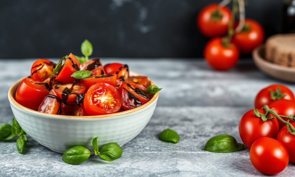 Fresh Caprese salad with cherry tomatoes and balsamic glaze delight.
