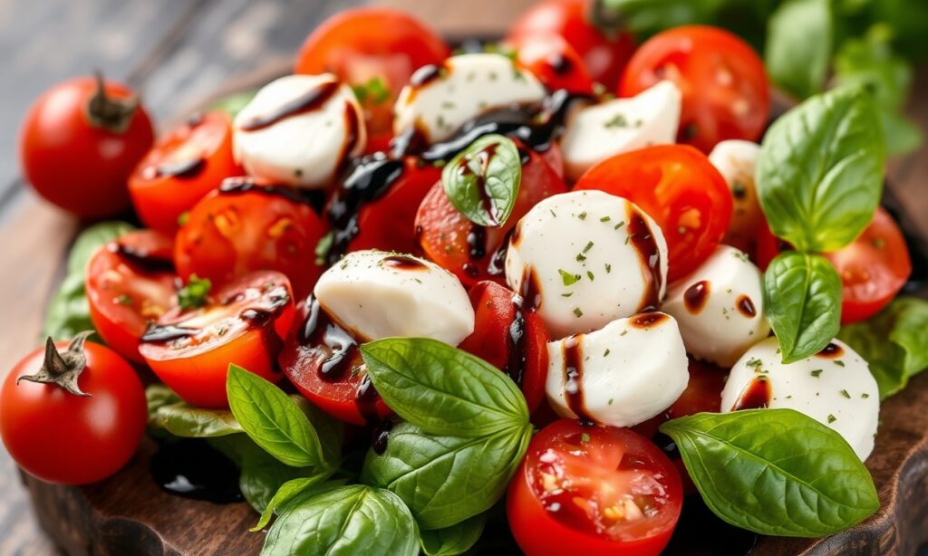 Fresh Caprese salad with cherry tomatoes and balsamic glaze.