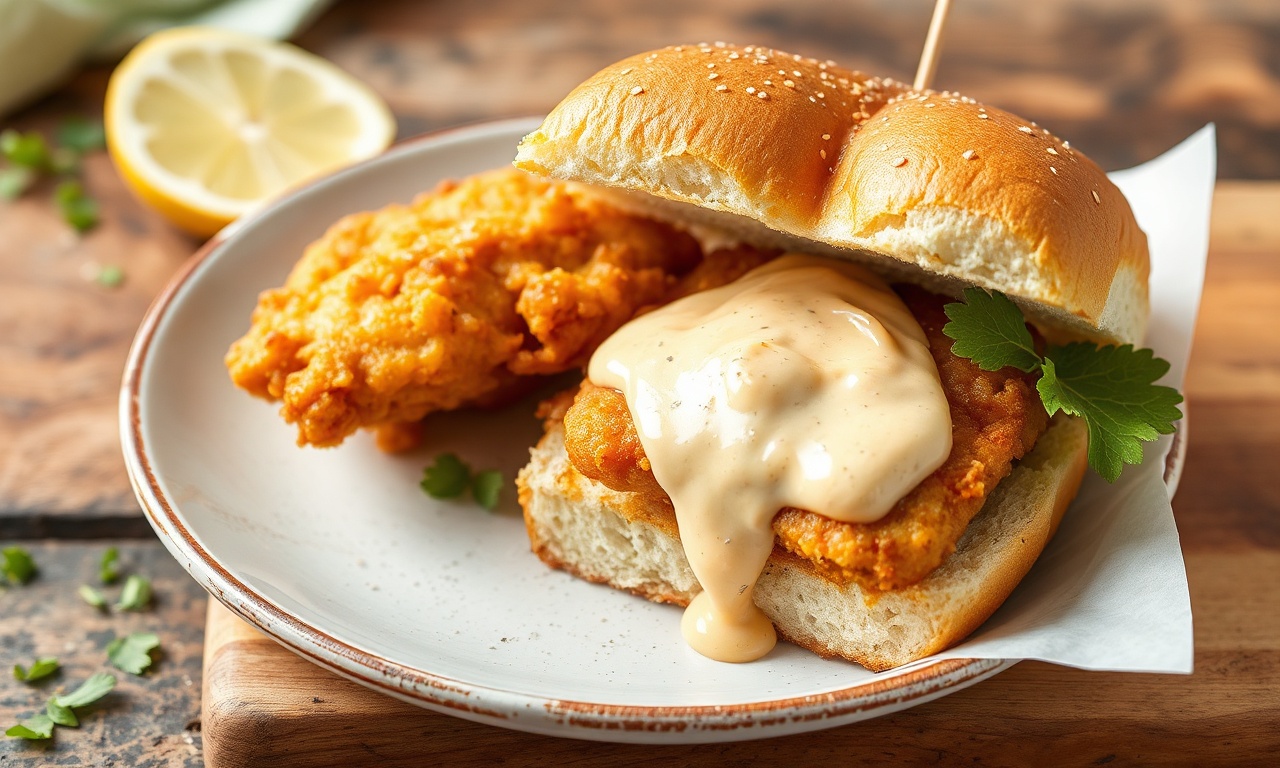 Classic fried fish sandwich with zesty tartar sauce recipe.