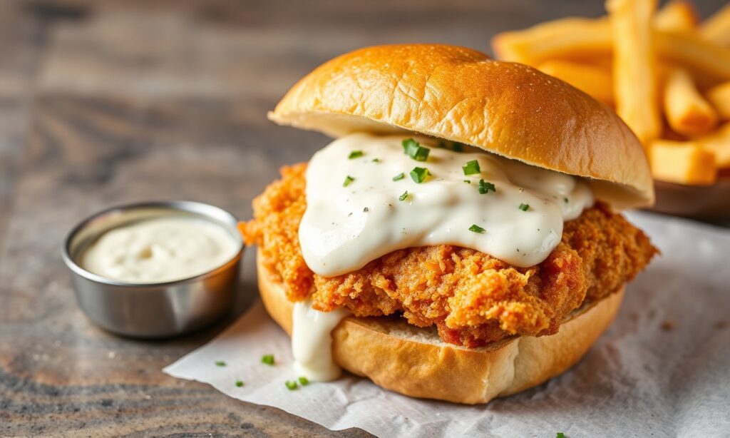 Classic fried fish sandwich with zesty tartar sauce, a nostalgic flavor.