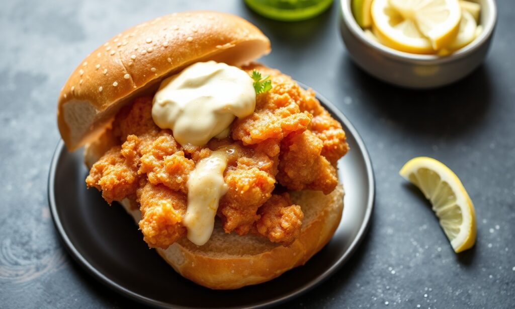Classic fried fish sandwich with zesty tartar sauce, perfectly crispy.