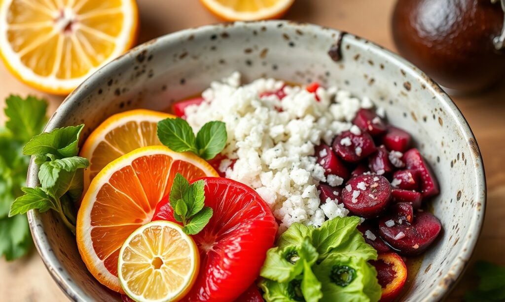 Crafting beet and citrus poke bowl, vibrant, healthy meal.