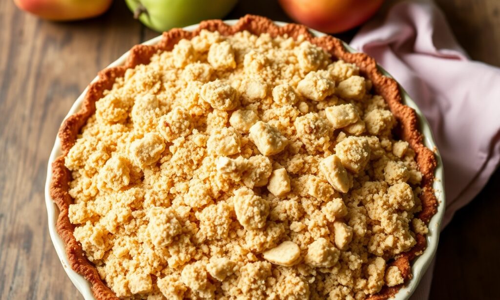 Heavenly apple crumble pie, irresistible streusel topping, warm tender apples.