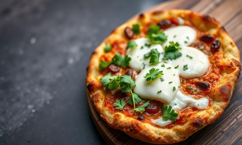 Gourmet taco pizza with goat cheese and cilantro-lime.