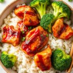 Savor Asian BBQ chicken broccoli rice bowl delight.