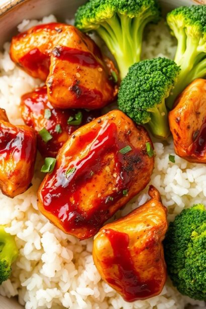 Savor Asian BBQ chicken broccoli rice bowl delight.