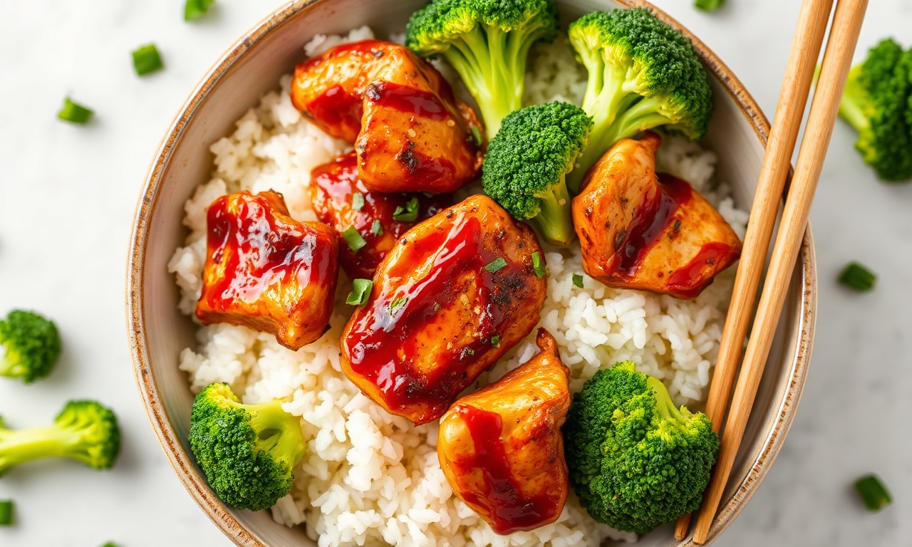 Savor Asian BBQ chicken broccoli rice bowl delight.