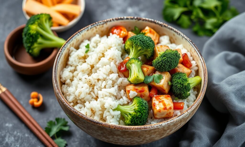 Savor Asian BBQ chicken broccoli rice bowl delight.