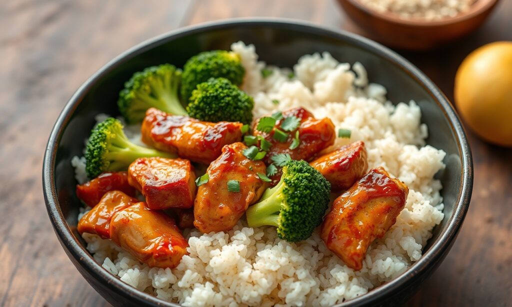Savor Asian BBQ chicken broccoli rice bowl, smoky, vibrant flavors.