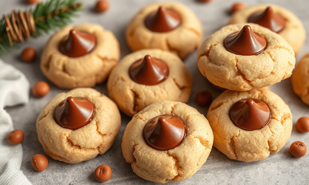 Irresistible peanut butter blossom cookies with chocolate kiss center.