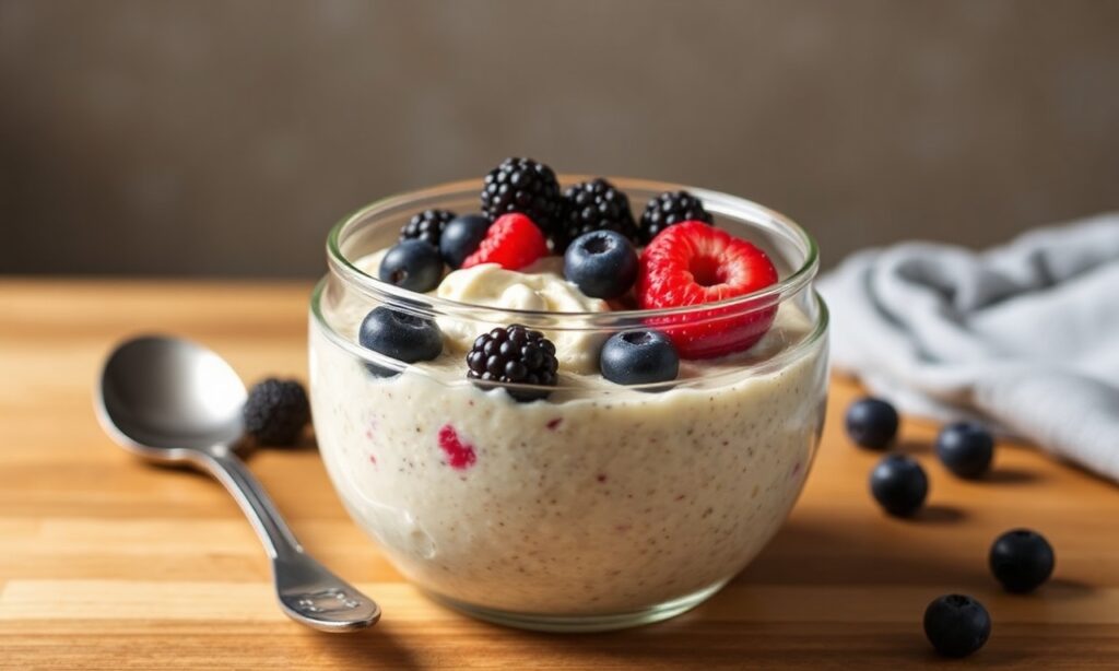 Energizing overnight oats with chia and berries for a quick morning meal.