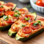 Delicious pizza stuffed zucchini boats: a tasty, healthy twist.