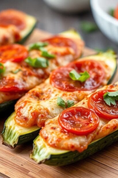 Delicious pizza stuffed zucchini boats: a tasty, healthy twist.