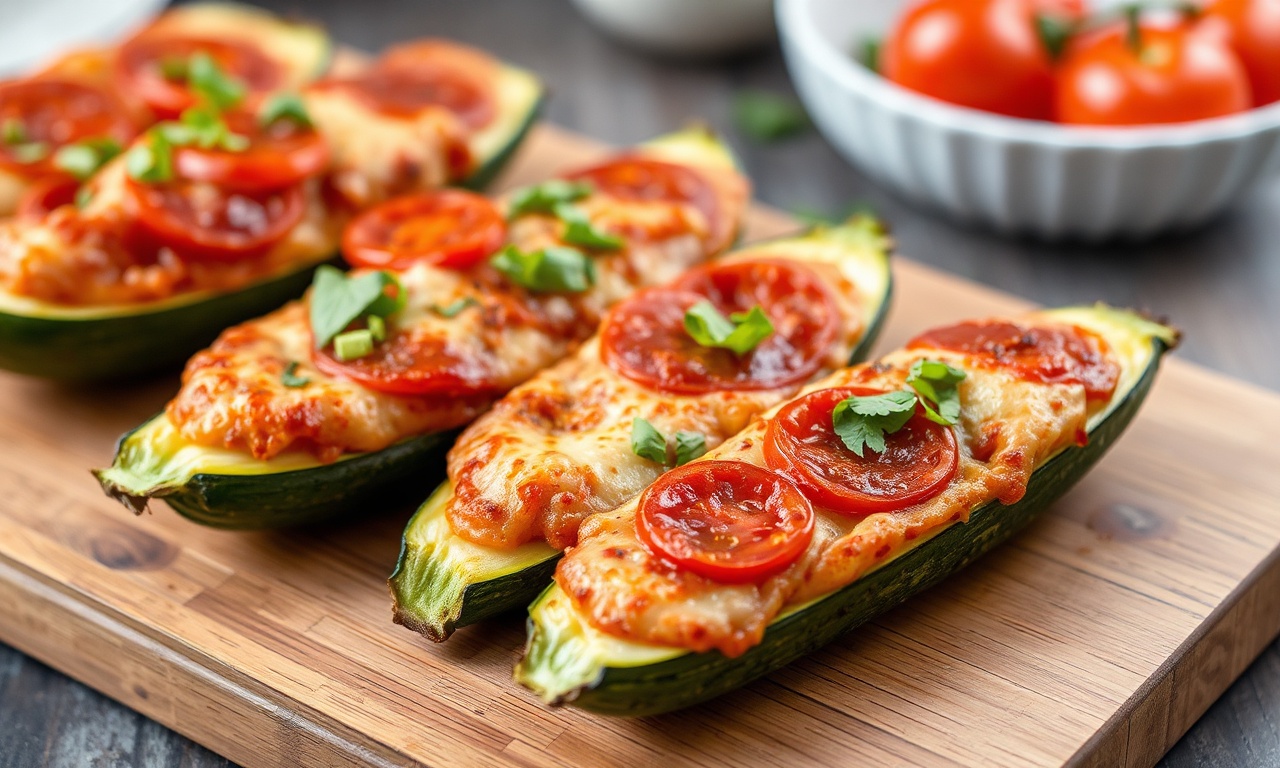 Delicious pizza stuffed zucchini boats: a tasty, healthy twist.