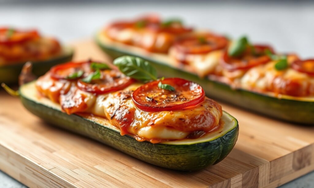 Delicious pizza stuffed zucchini boats recipe.