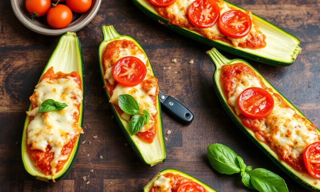 Delicious pizza stuffed zucchini boats recipe, a fresh garden twist.