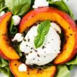 Fresh Peach Burrata salad with basil, easy summer recipe.