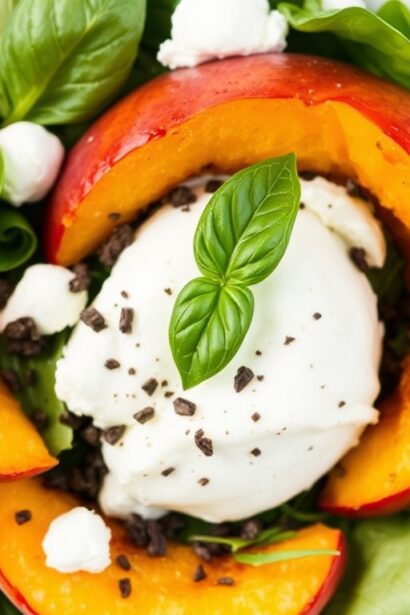 Fresh Peach Burrata salad with basil, easy summer recipe.