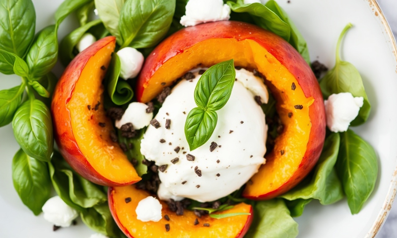 Fresh Peach Burrata salad with basil, easy summer recipe.