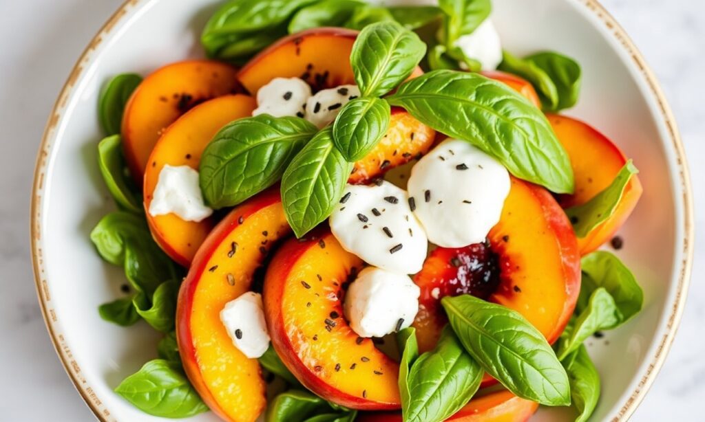 Fresh Peach Burrata salad: luminous, easy, basil, juicy.