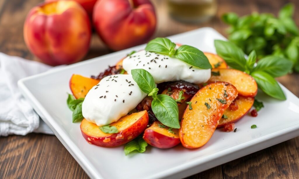 Fresh Peach Burrata salad with basil, summer's easy delight.