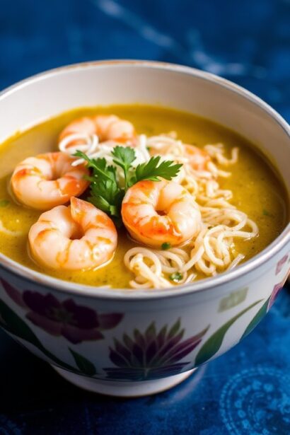 Green curry ramen with coconut shrimp delight, a flavorful bowl.