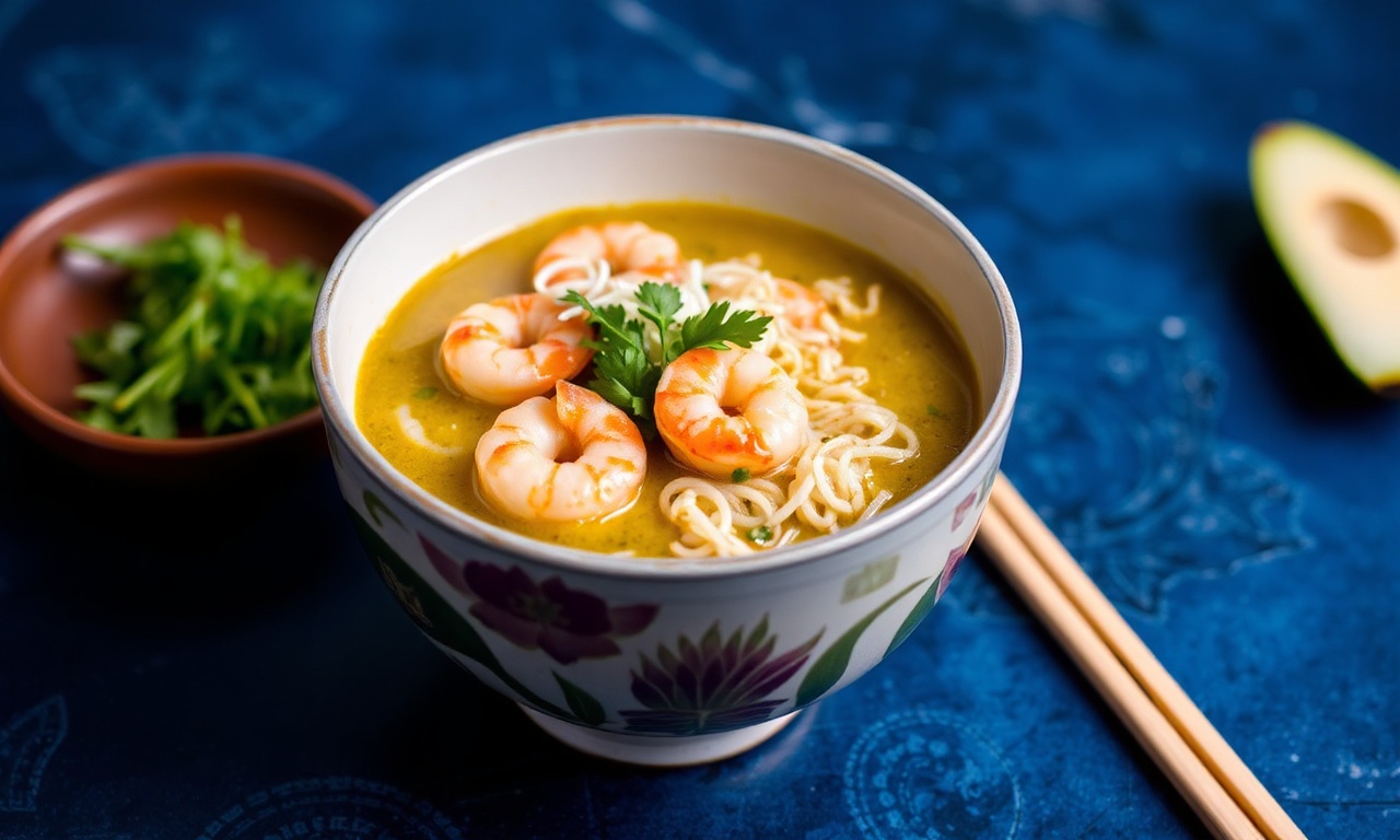 Green curry ramen with coconut shrimp delight, a flavorful bowl.