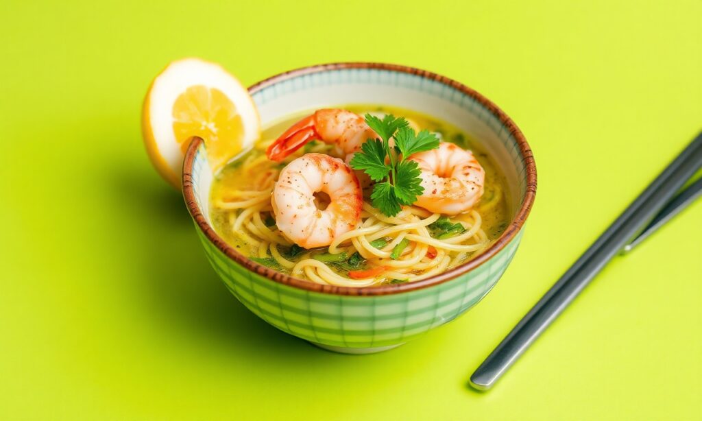Delicious green curry ramen with coconut shrimp, easy to make.