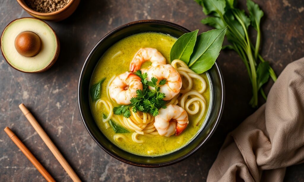 Green curry ramen with coconut shrimp: a delightful Southeast Asian fusion.