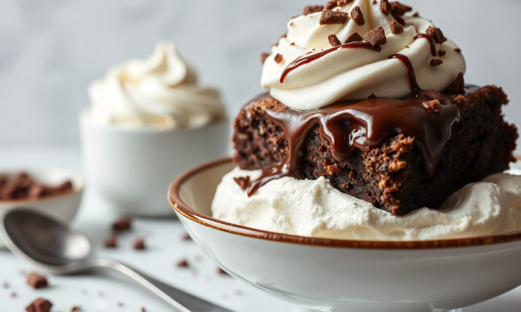 Decadent brownie sundae with hot fudge and whipped cream bliss.