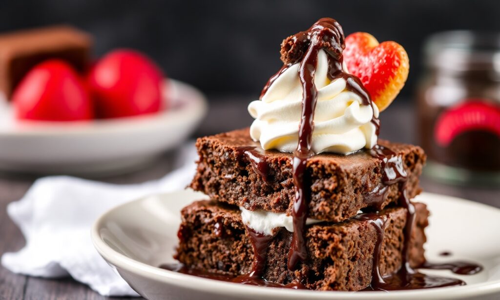 Decadent brownie sundae with hot fudge and whipped cream.