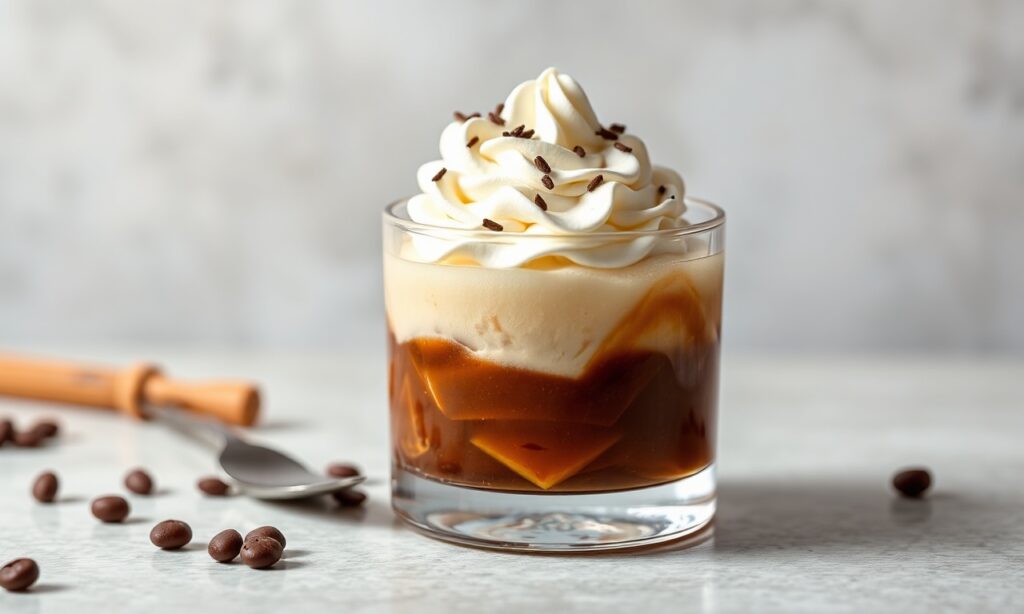 Delight Coffee jelly with luscious sweet cream topping.