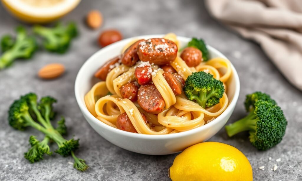 Classic orecchiette with sausage and broccoli rabe, rustic Italian dish.