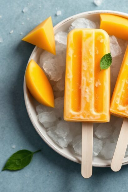 Refreshing healthy mango sticky rice popsicles recipe.