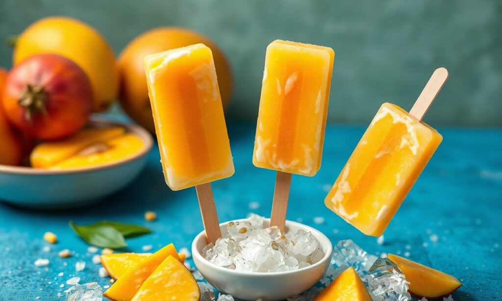 Refreshing healthy mango sticky rice popsicles for a sweet treat.