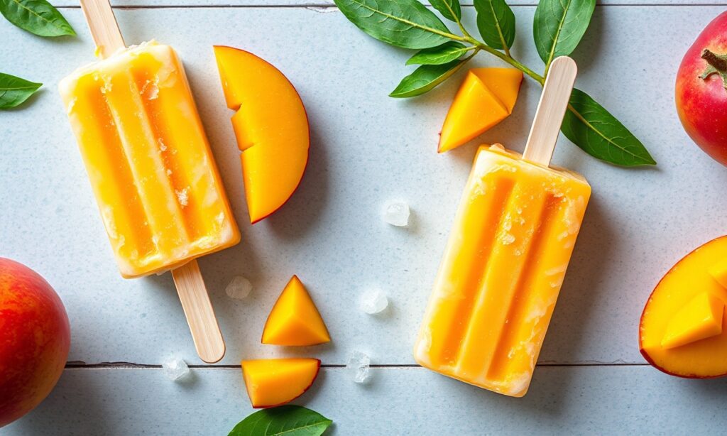 Refreshing healthy mango sticky rice popsicles cool summer treat.
