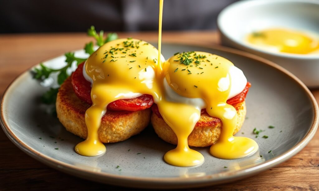 Mastering perfect Eggs Benedict with luscious, buttery hollandaise sauce.